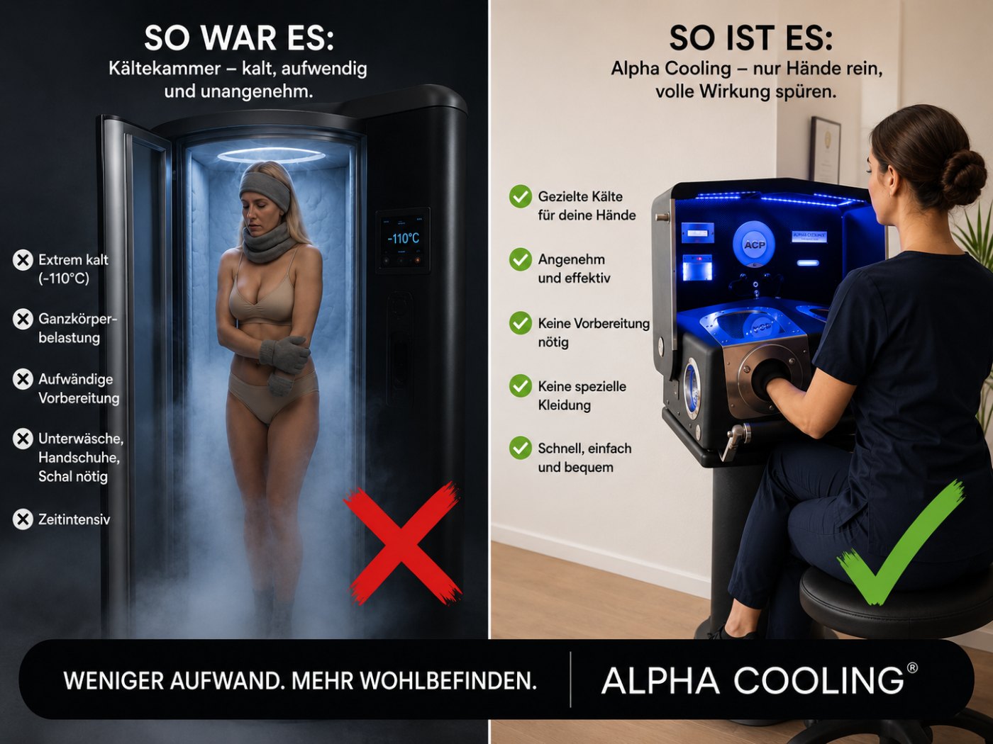 Vergleich: Ganzkörper-Kältekammer bei minus 110 Grad gegenüber gezielter Alpha-Cooling-Anwendung