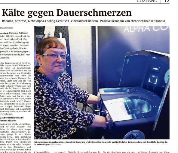 Nordsee-Zeitung-Artikel „Kälte gegen Dauerschmerzen“ über Alpha Cooling bei Geestglanz